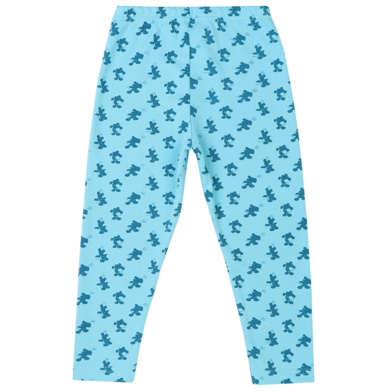 Light blue kids leggings with dark blue cartoon pattern, full length, elastic waistband