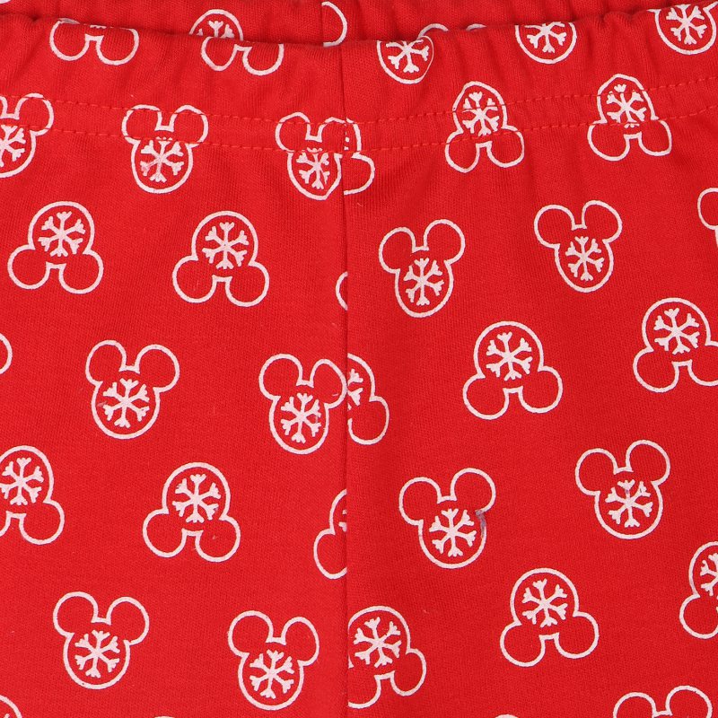 Red kids apparel fabric with white snowflake and cartoon mouse head print pattern