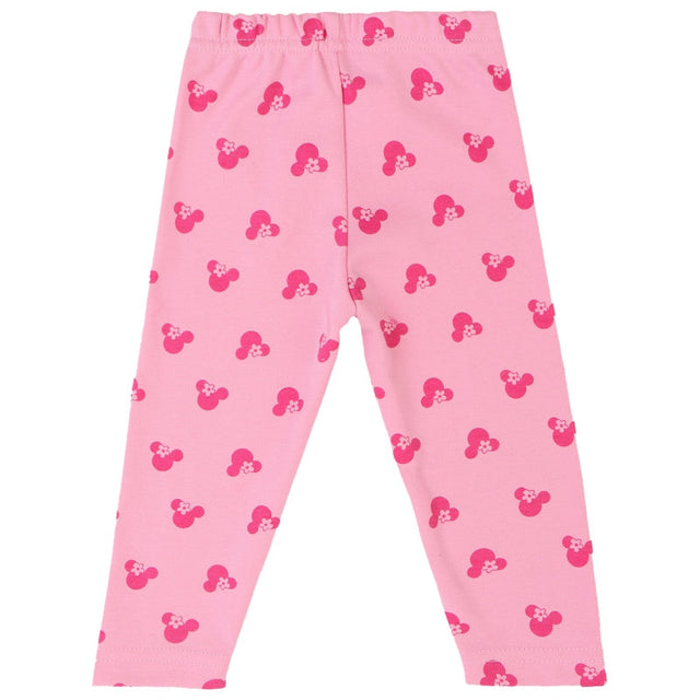 Pink kids leggings with all-over cartoon pattern in darker pink and floral details