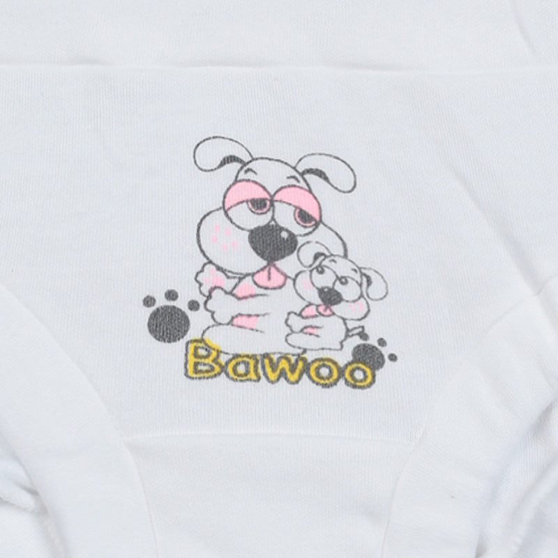 White kids innerwear with cute cartoon dog print and 'Bawoo' text, soft cotton fabric