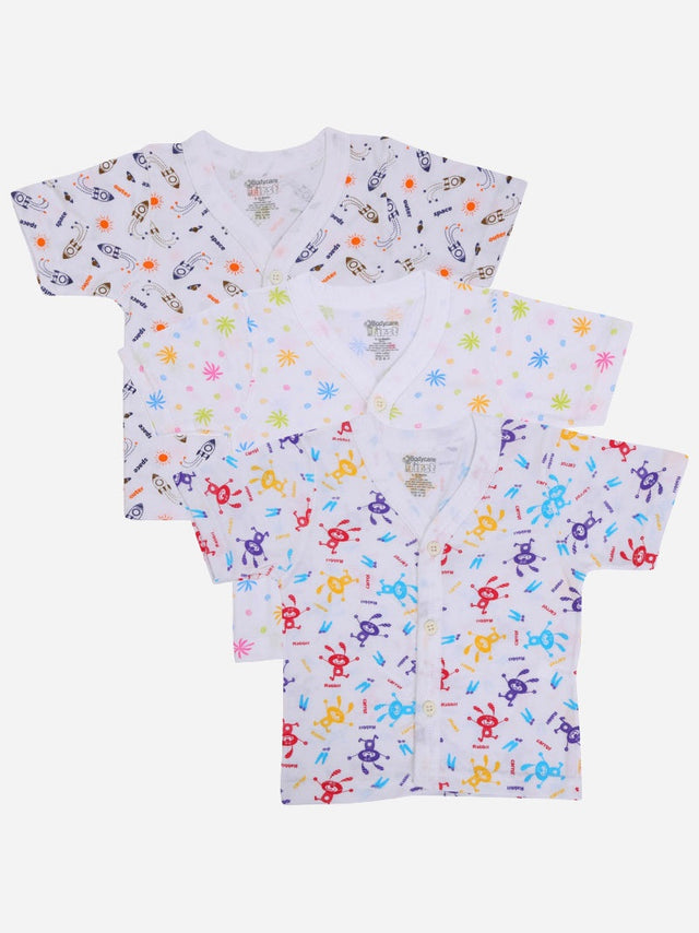 Set of three baby innerwear vests with colorful prints, short sleeves, and button closure