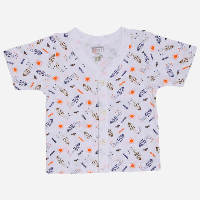 White short sleeve baby shirt with space-themed rocket and sun print, button front.
