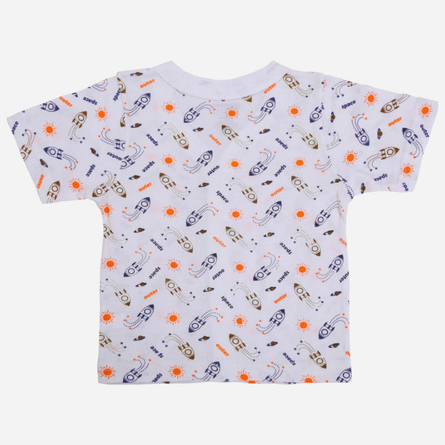 Kids white t-shirt with colorful rocket, sun, and space pattern, short sleeves, back view