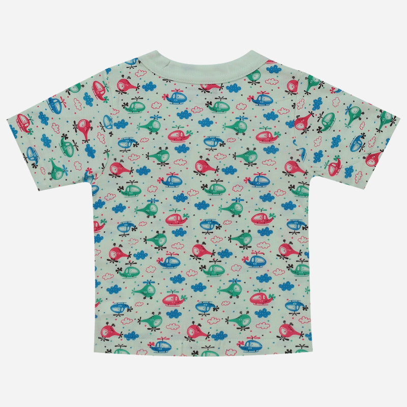 Kids short sleeve t-shirt with colorful helicopter and cloud print on light background