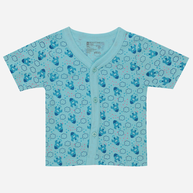 Light blue baby front-open cotton top with cloud and cartoon animal print, short sleeves