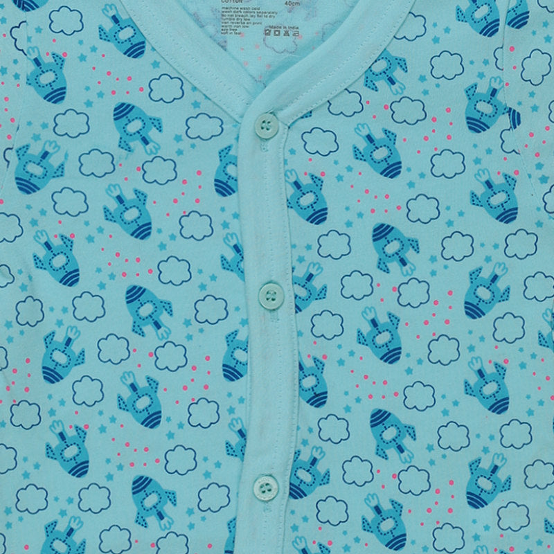 Light blue baby onesie with blue airplane and cloud print, front button closure