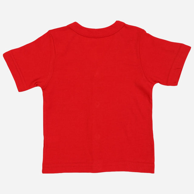Back view of plain red kids short sleeve cotton T-shirt on white background