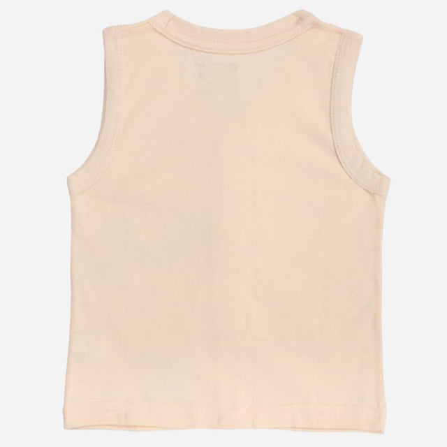 Beige kids sleeveless cotton vest, lightweight and soft, shown flat on white background