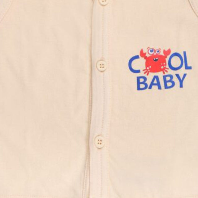 Beige baby shirt with crab and 'Cool Baby' print, front button closure, soft cotton
