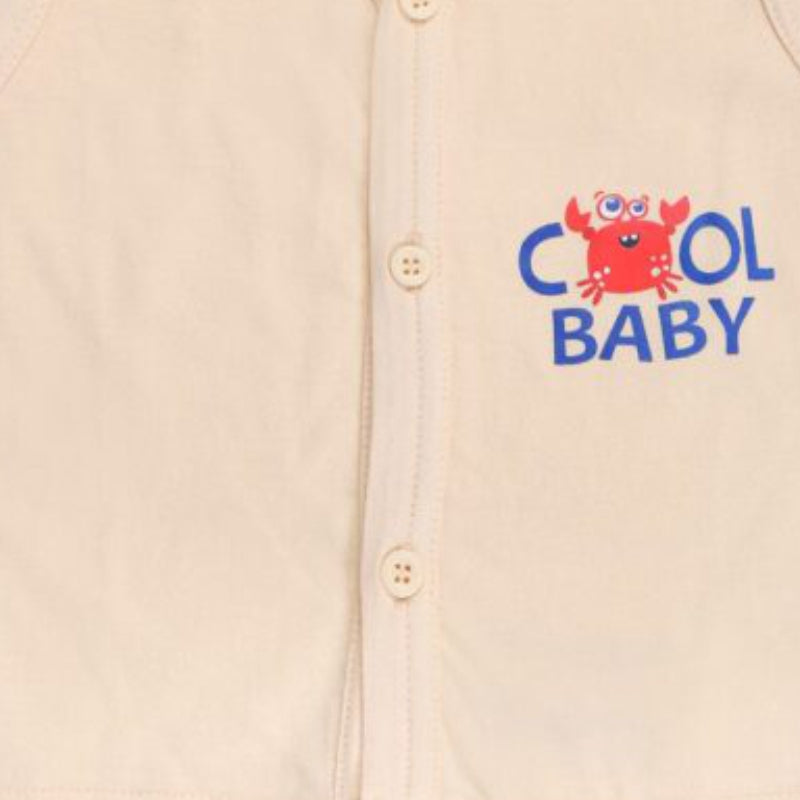 Beige baby shirt with crab and 'Cool Baby' print, front button closure, soft cotton