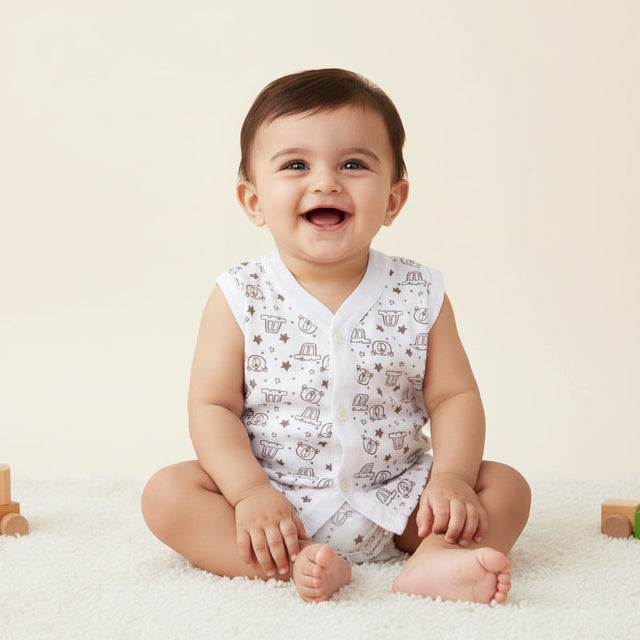 Smiling baby wearing white sleeveless printed romper, sitting on soft carpet indoors