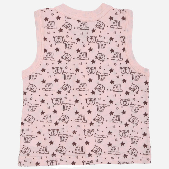 Pink sleeveless kids innerwear vest with cartoon bear, car, and star print pattern