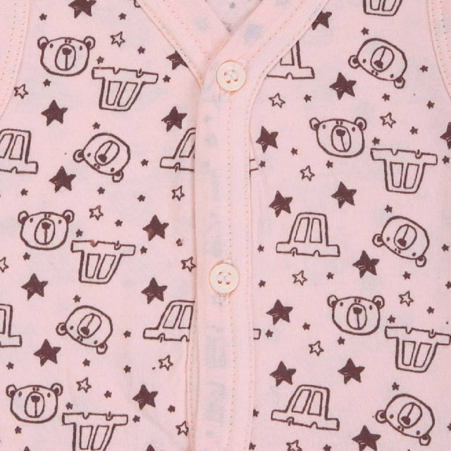 Pink baby vest with bear, car, and star print, front button closure, soft cotton fabric