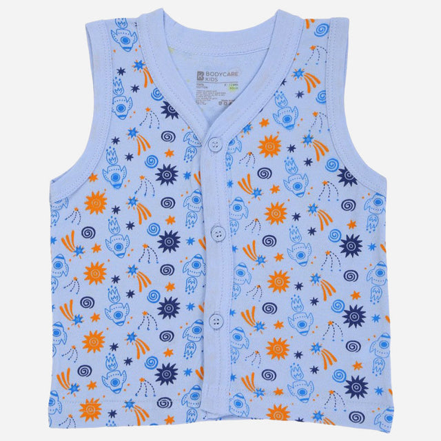 Light blue sleeveless kids vest with playful blue and orange cartoon and star prints, button front