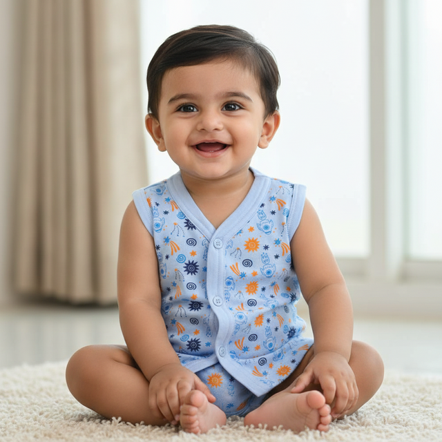 Smiling baby in blue printed sleeveless buttoned romper sitting on a carpet indoors