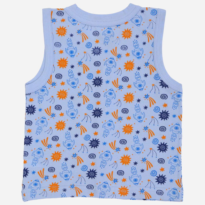 Sleeveless kids' innerwear vest in light blue with playful cartoon and star print