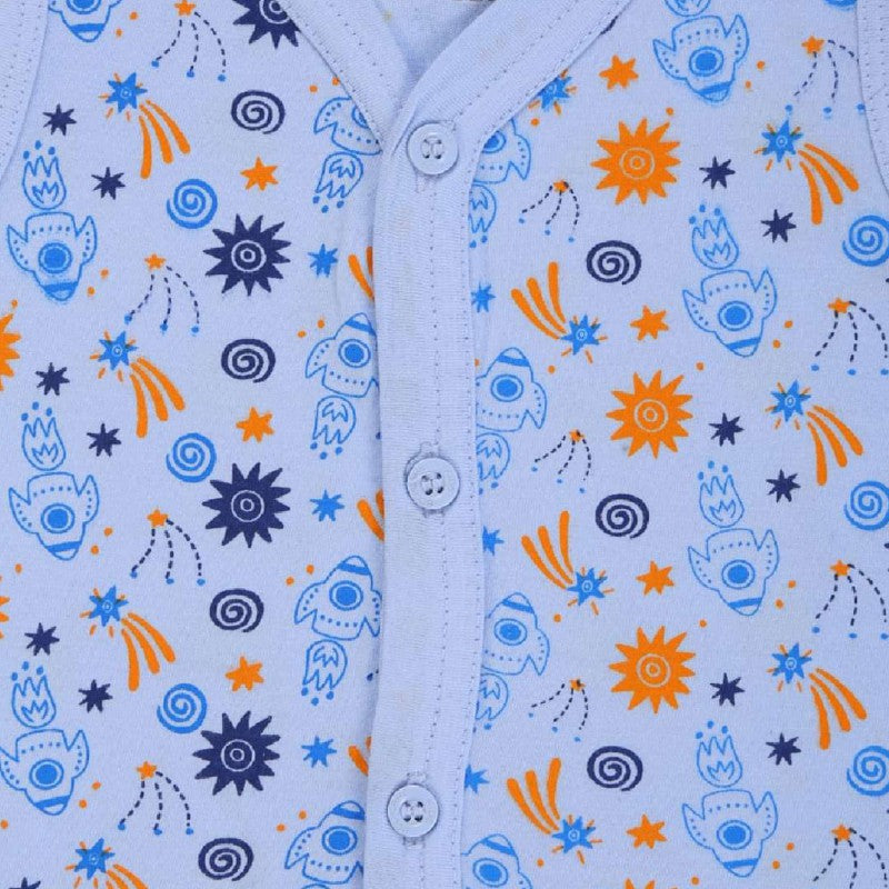 Kids buttoned innerwear with blue and orange rocket and star print on soft fabric