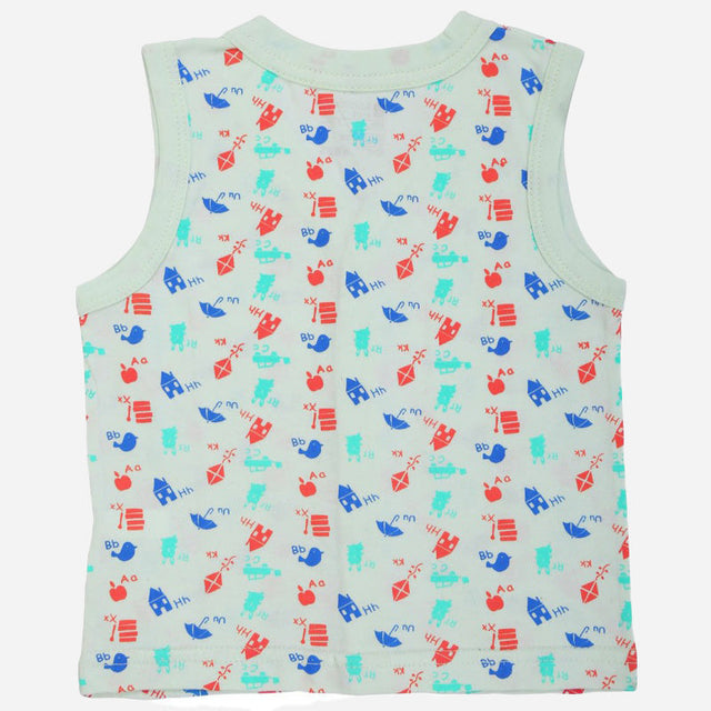 Sleeveless kids innerwear vest, mint green with colorful animal and alphabet print pattern