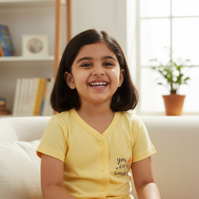 Smiling girl in yellow short sleeve kids innerwear sitting on a sofa in a bright living room