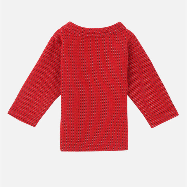 Red kids thermal innerwear top with long sleeves, textured pattern, back view