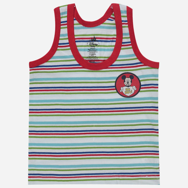 Kids striped sleeveless vest with red trim and cartoon patch, comfortable innerwear