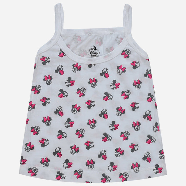 White kids camisole with pink and black cartoon mouse print and thin shoulder straps