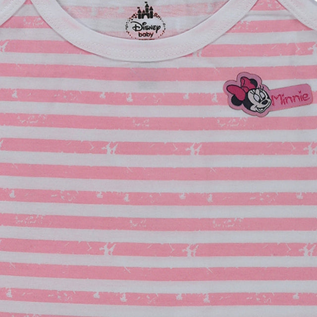 Pink and white striped baby t-shirt with Minnie Mouse cartoon and Disney Baby logo