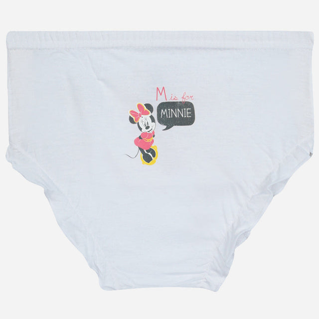 White kids underwear with cartoon mouse print and 'M is for MINNIE' text on the front.