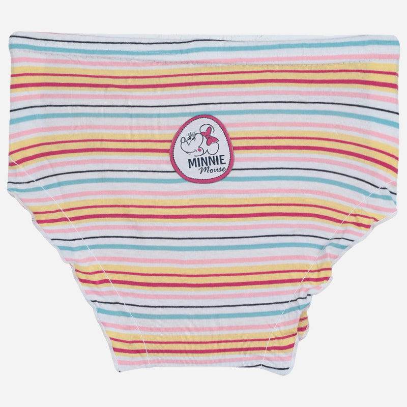 Girls’ striped underwear with pastel colors and Minnie Mouse patch at the center front
