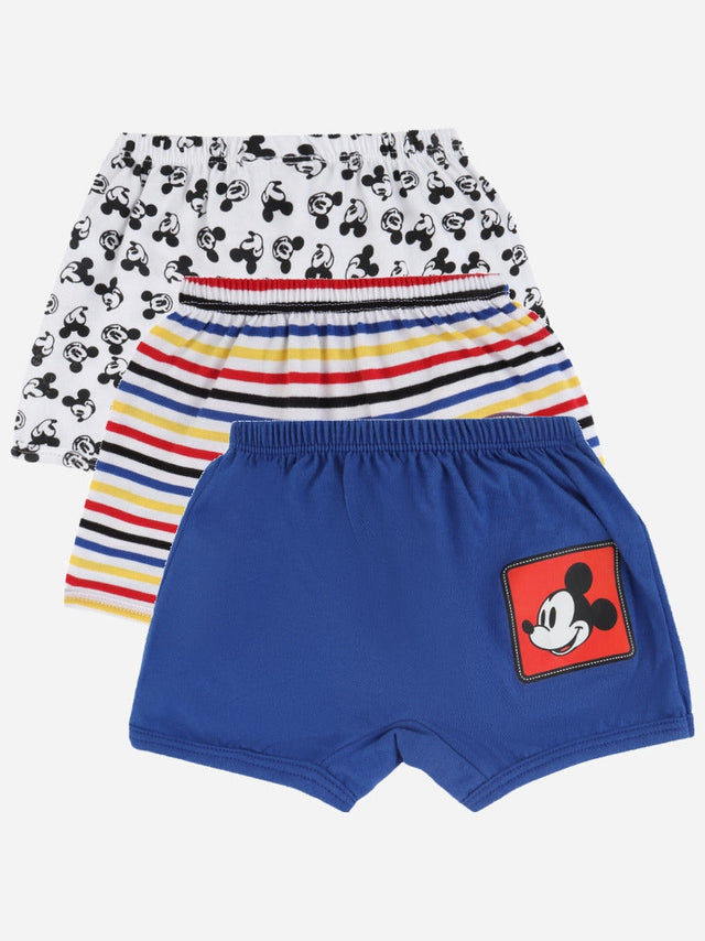 Kids innerwear shorts multipack with cartoon prints, stripes, and solid blue design