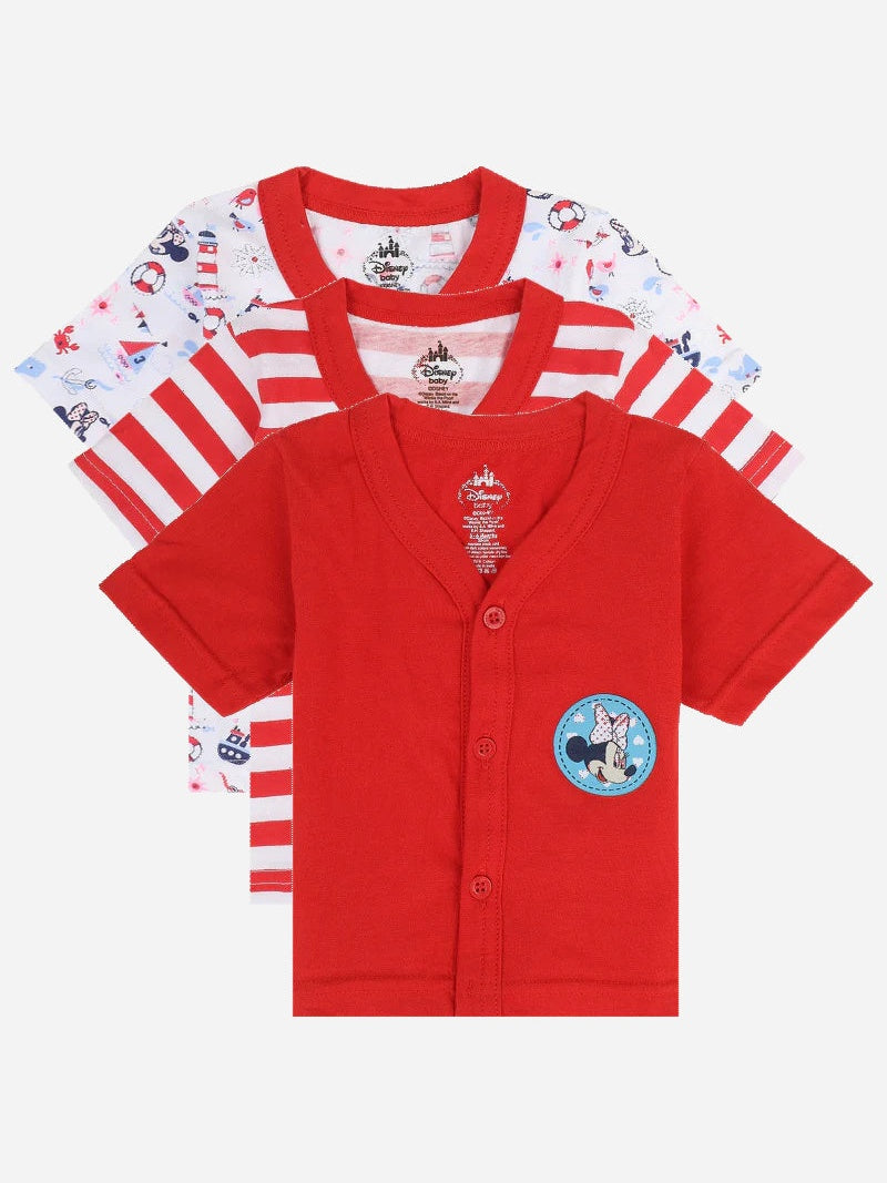 Set of three baby T-shirts, red, striped, and printed, with Minnie Mouse patch detail.