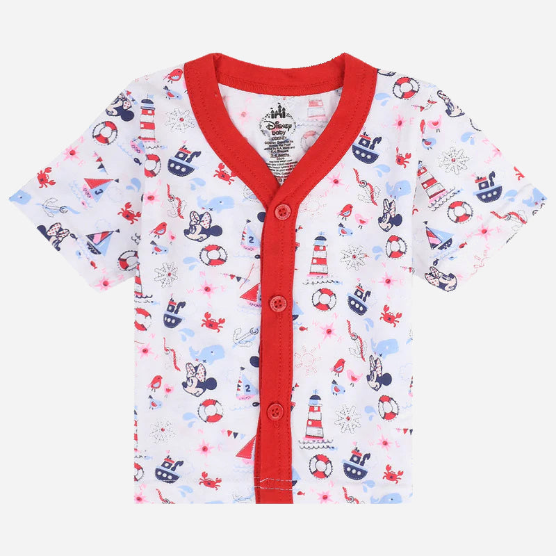 Kids short-sleeve printed innerwear top with red trim and nautical cartoon patterns