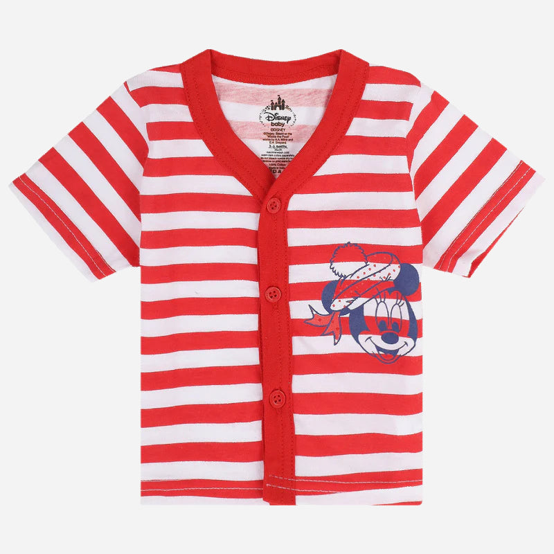 Red and white striped baby t-shirt with cartoon mouse print and front buttons, short sleeves