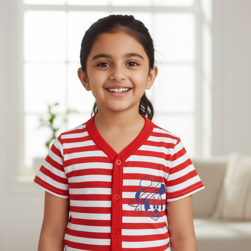 Smiling girl wearing red and white striped kids innerwear top with cartoon print, indoors
