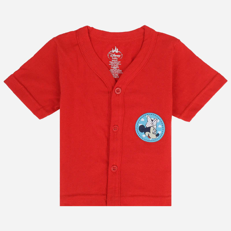 Red baby shirt with short sleeves, front buttons, and cartoon patch on chest