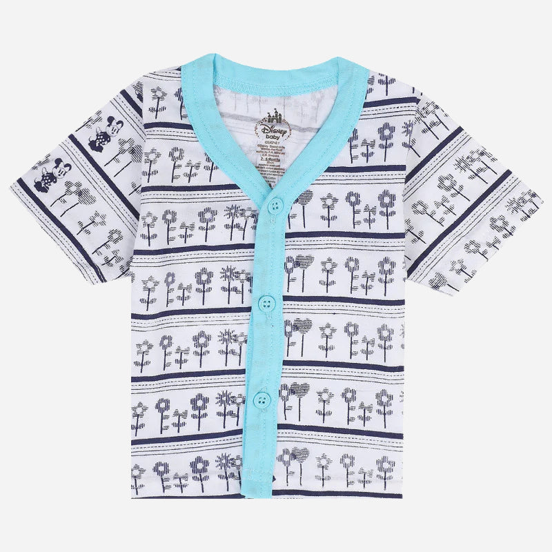 White short-sleeve baby shirt with blue trim, floral and character print, front buttons