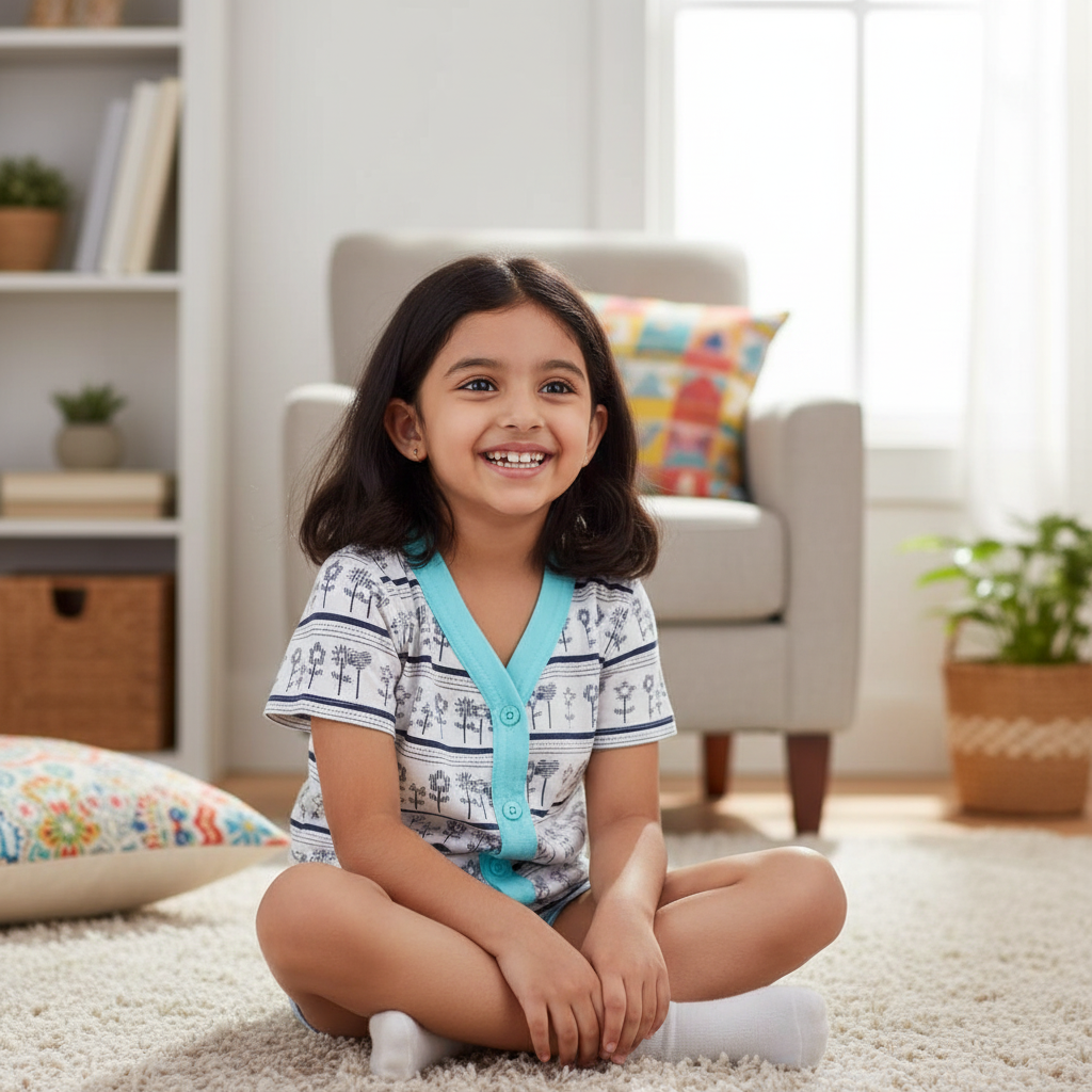 Smiling young girl in printed short sleeve cotton innerwear sitting on carpet in cozy living room