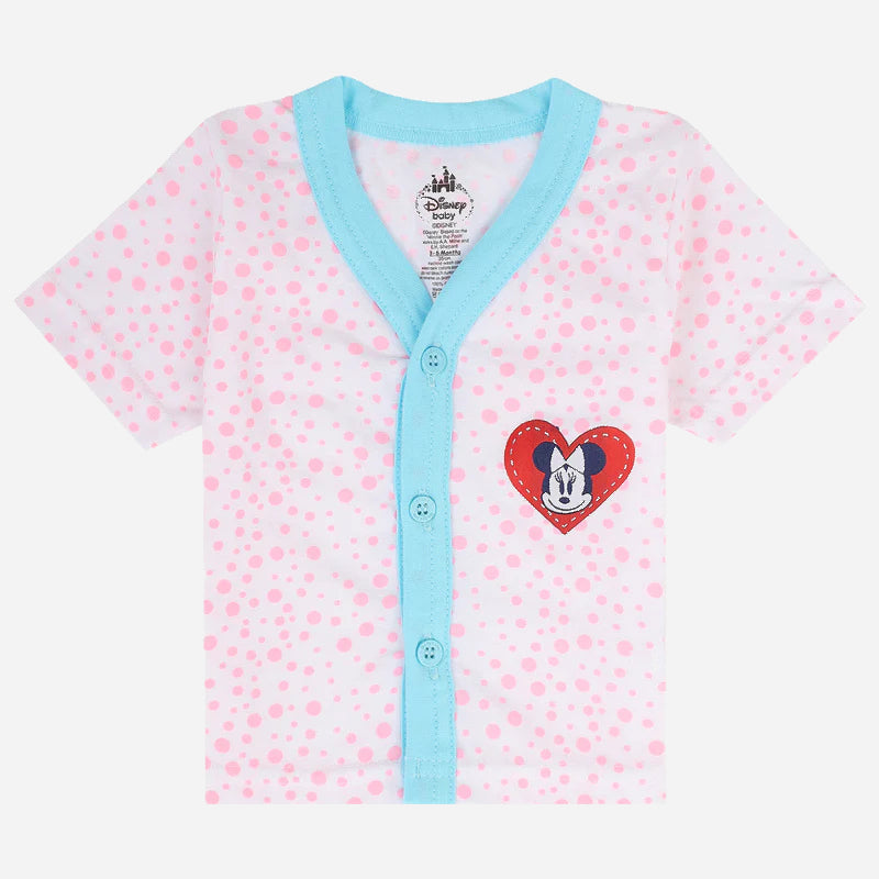 Pink polka dot baby shirt with blue trim and cartoon face in a red heart, short sleeves