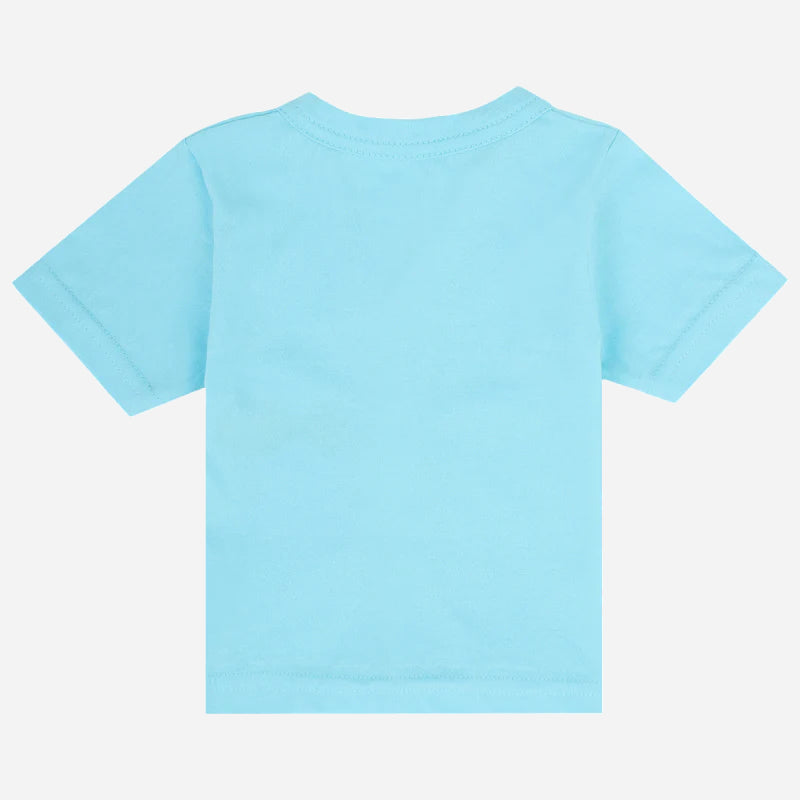 Back view of kids light blue short sleeve cotton t-shirt on white background