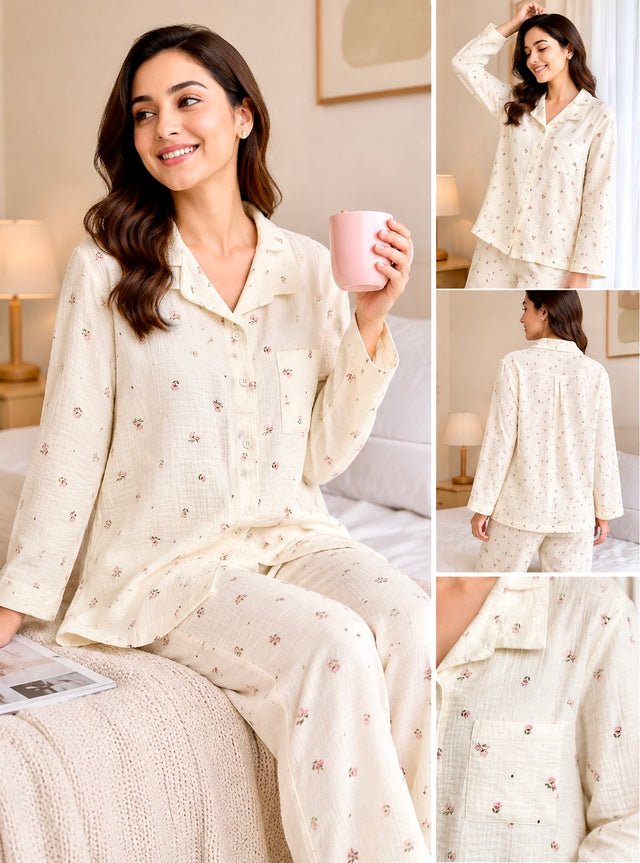 Women Printed Muslin Night Suit Set for Comfortable Sleepwear, Lounge Wear and Everyday Nightwear Use