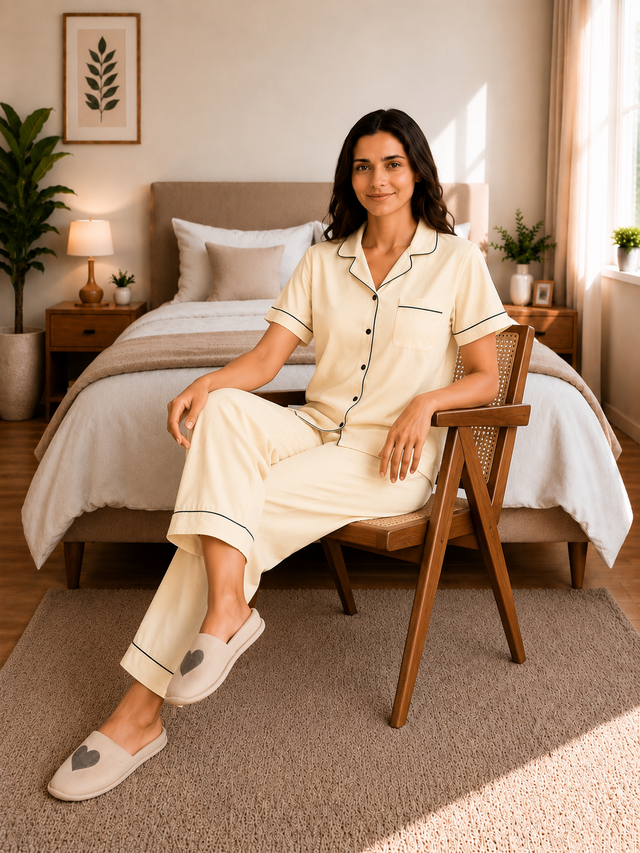 Bodycomfy Women Irish Cream 100% Cotton Collared Half Sleeve Night Suit with Solid Styling for Sleepwear and Relaxed Everyday Comfort