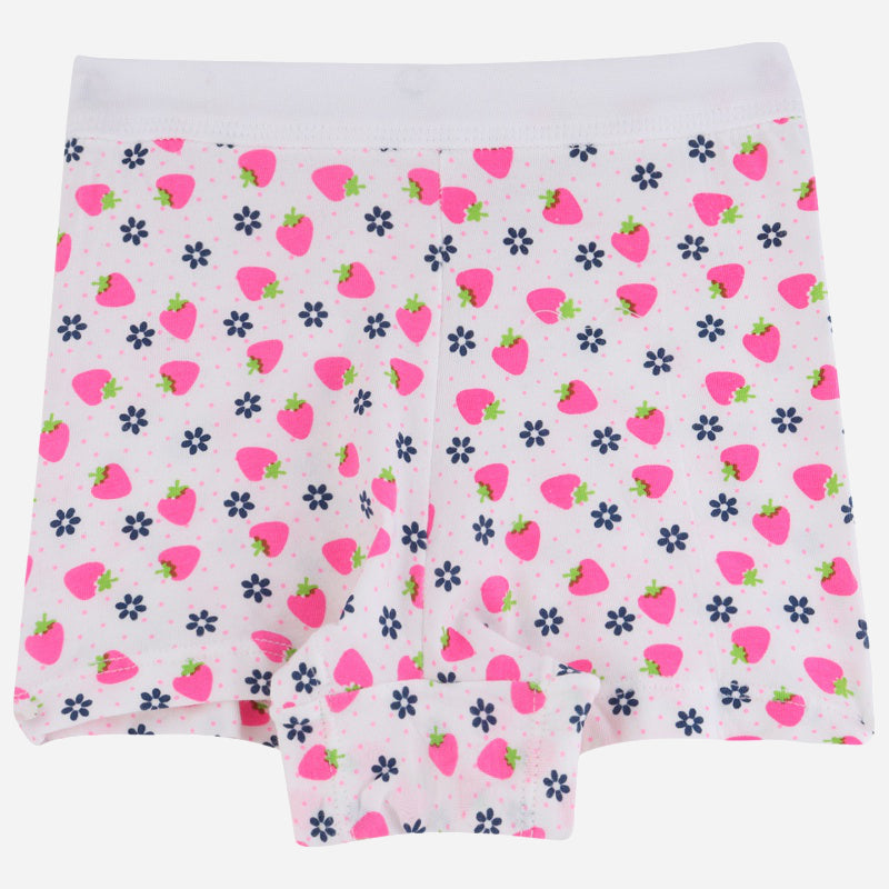 Kids white boxer briefs with pink strawberry and blue flower print, soft cotton innerwear.