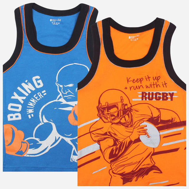 Kids sleeveless innerwear vests, blue with boxing graphic and orange with rugby print.