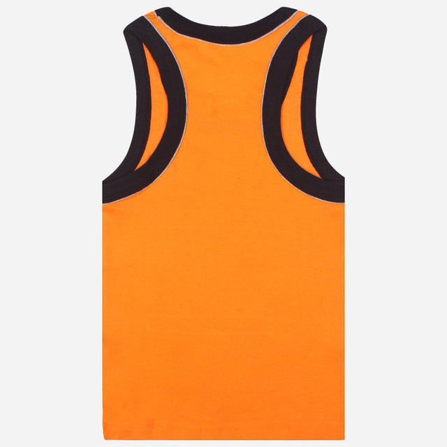 Kids orange sleeveless vest with black trim, soft cotton innerwear, back view