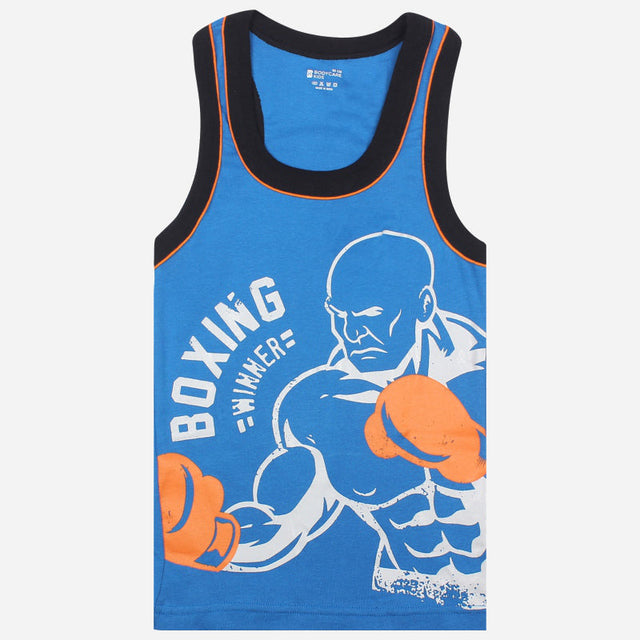 Blue kids' sleeveless tank top with boxing graphic and orange gloves print, comfortable innerwear