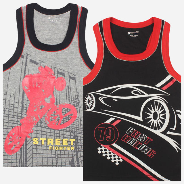 Kids sleeveless vests pack, one with BMX bike graphic and another with car racing print