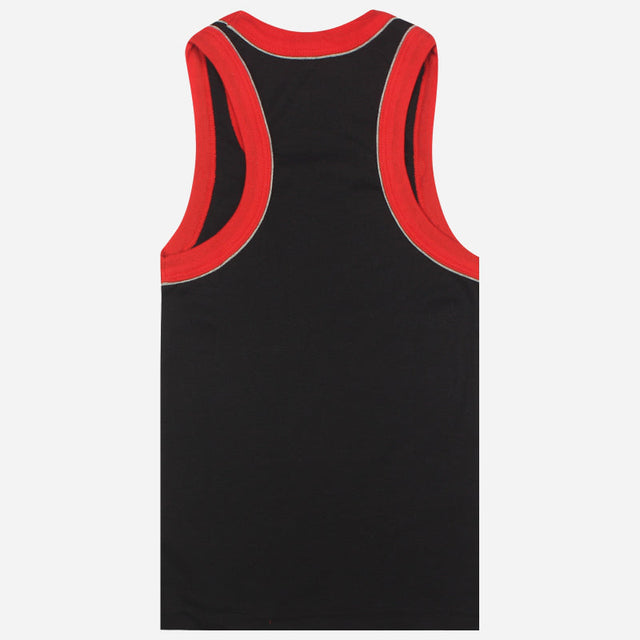 Kids black sleeveless vest with red piping, soft cotton innerwear, back view