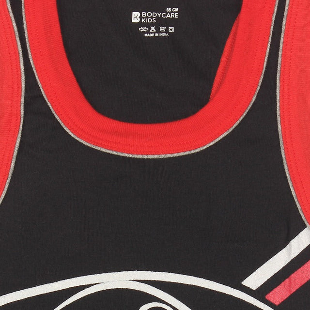 Kids black sleeveless vest with red trim and printed design, comfortable innerwear.