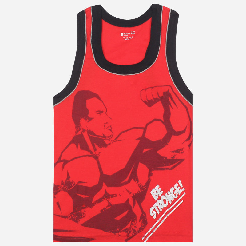 Red kids sleeveless vest with strong man graphic and 'Be Strong!' motivational text