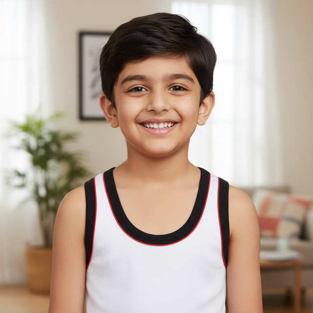 Smiling boy wearing sleeveless white vest with black and red trim, indoors